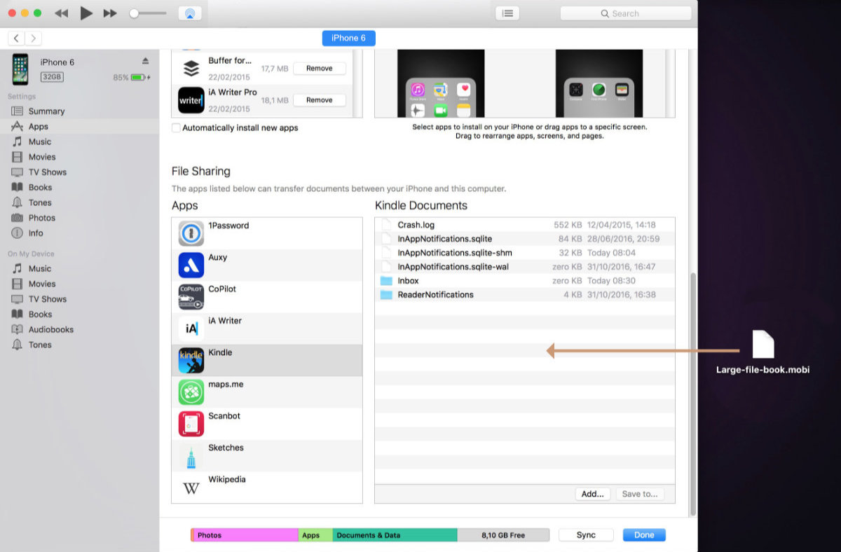 Add large files to Kindle for iOS - drag the file to iTunes app