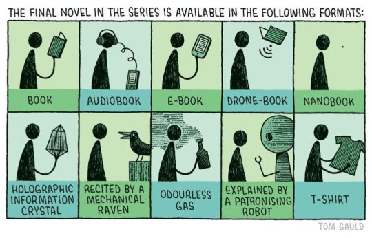 All available formats of the new book - cartoon by Tom Gauld