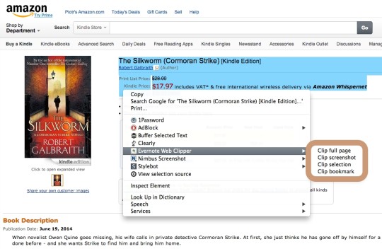 Evernote - clip a selection on Amazon