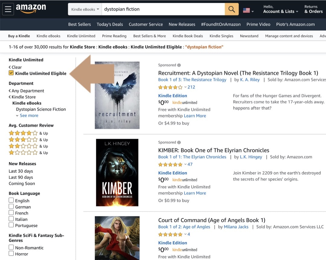 Find Kindle Unlimited books filter turned on