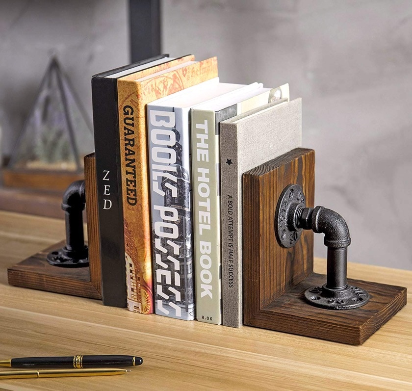 Industrial pipe & rustic wood bookends