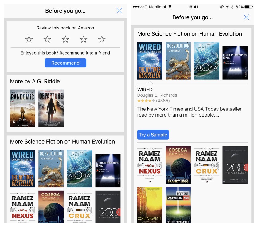 Kindle for iOS includes book recommendations after you finish reading a book