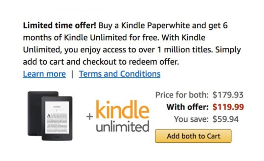 Kindle Paperwhite with 6 months of Kindle Unlimited for free