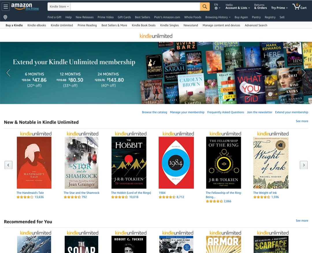 Kindle Unlimited - front page for registered users