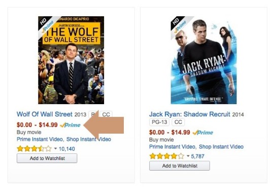 Amazon Prime eligible videos are clearly marked with a small Prime logo