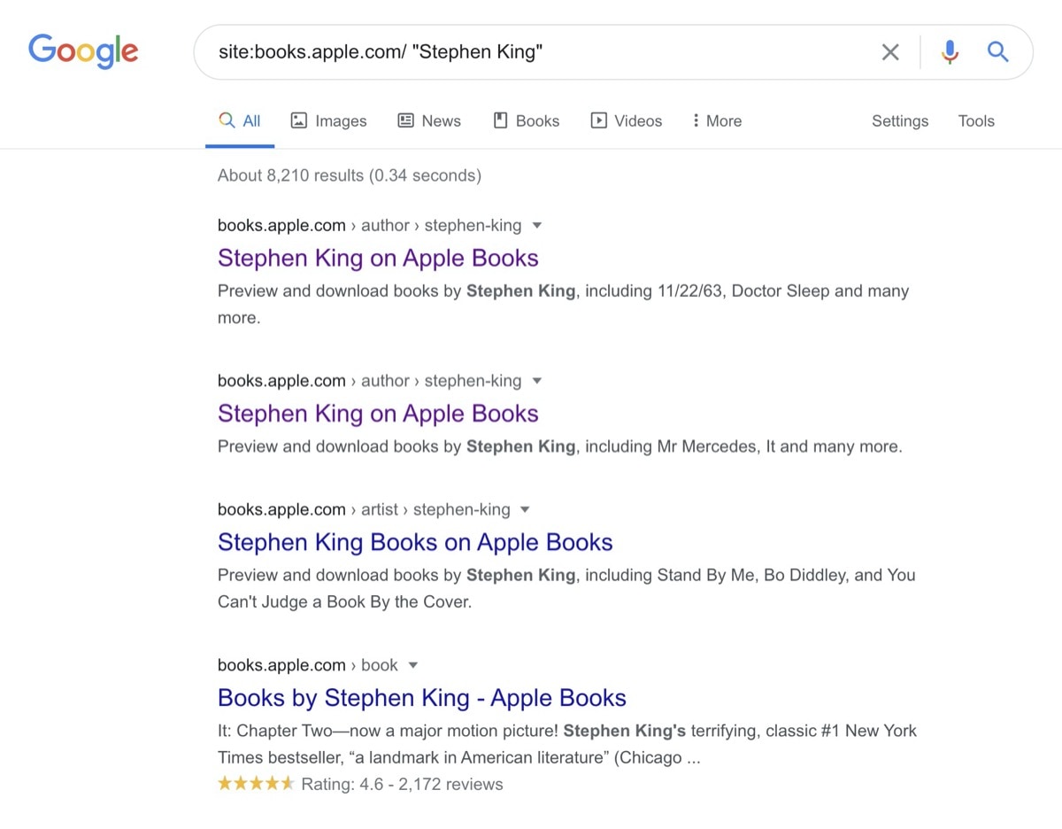 Search Apple Books store using Google web search