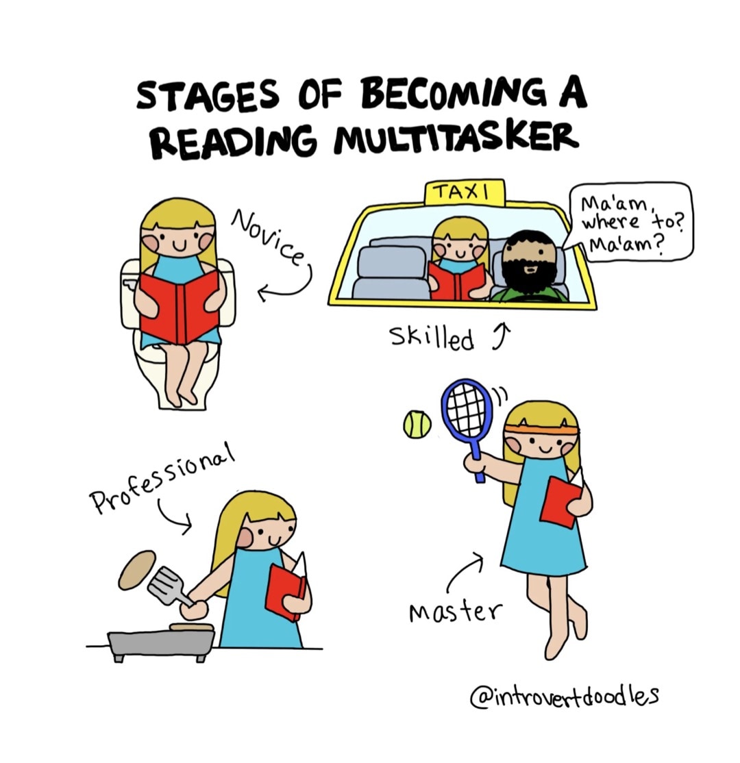 Stages of Reading Multitasker Introvert Doodles best cartoons about reading