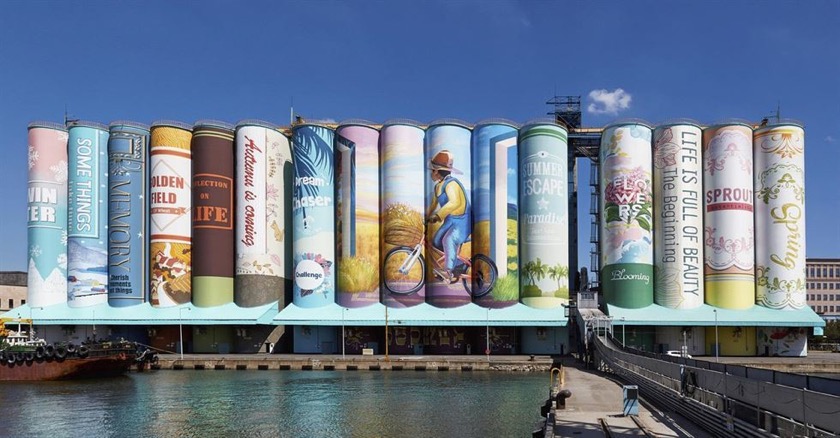 best examples of bookish street art: bookshelf mural in Incheon, South Korea