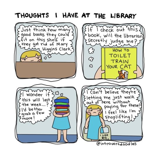 Thoughts I Have at the Library - best cartoons about libraries - Introvert Doodles