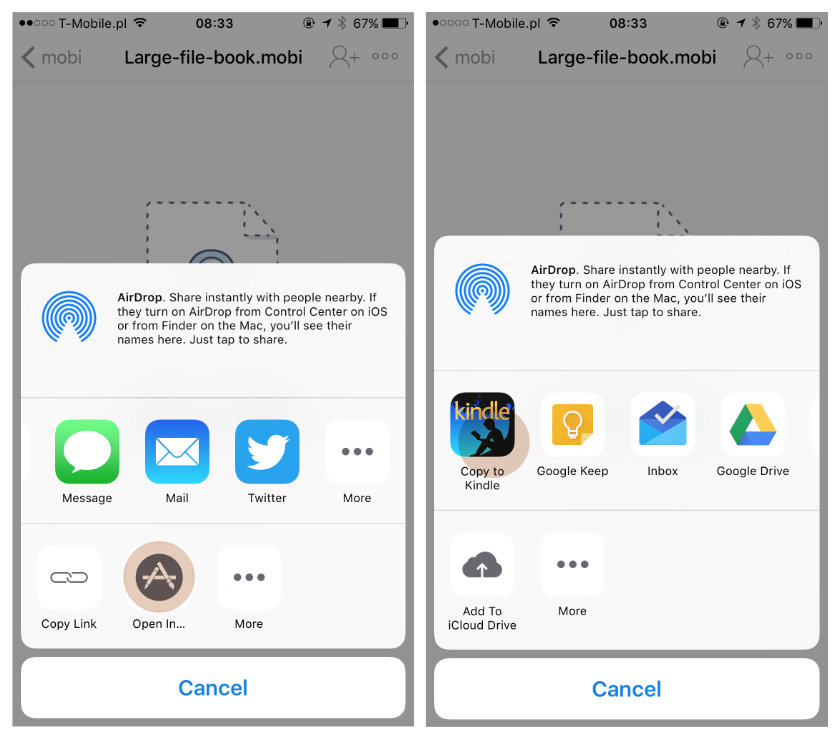 Use share menu to add a large file to the Kindle for iOS app