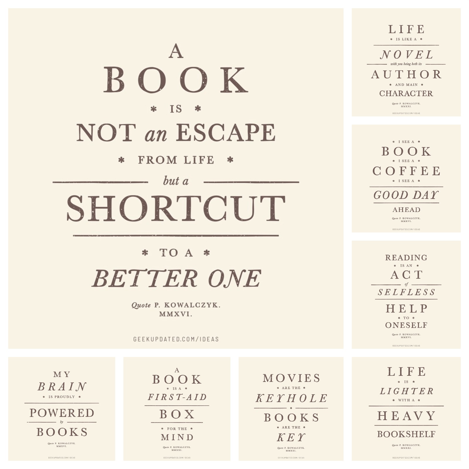 Contemporary book quotes designed to look like old book titles