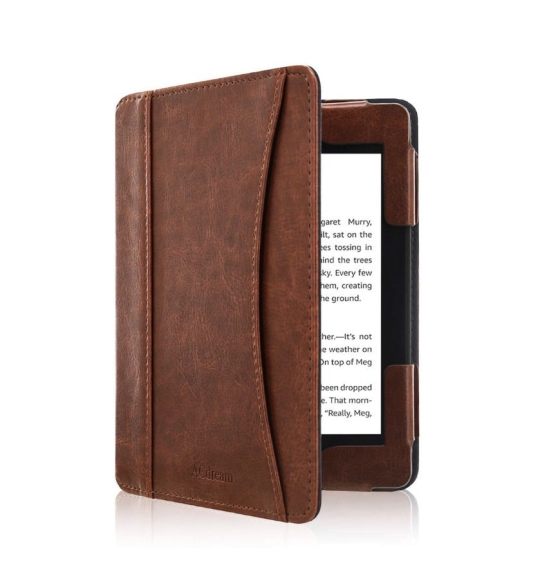 Vintage faux leather Kindle cover with external pocket