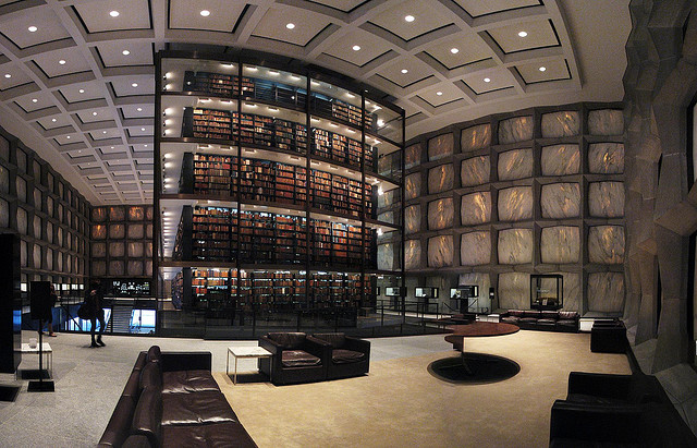 Yale University Beinecke Rare Book Library - a large glass tower that is the central core of the building